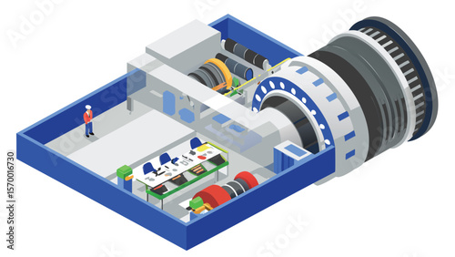 Isometric illustration of a large industrial machine inside a blue walled building with a person