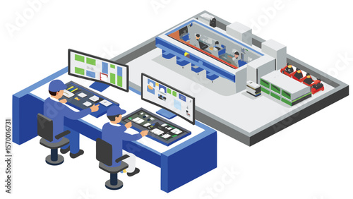 Isometric view of a control room with operators at consoles and a viewing area with people inside