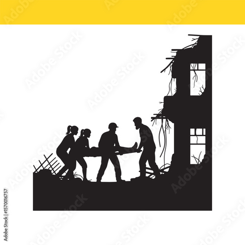 Emergency Rescue Silhouette of First Responders Carrying Injured Person Amidst Destruction