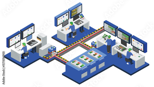 Isometric illustration of a factory production line with workers and conveyor belt system