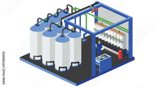 Isometric view of an industrial plant with tanks pipes and a worker in a cleanroom setting shown
