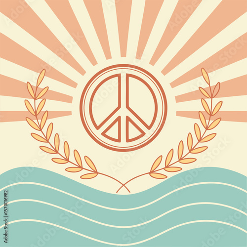 Peace Symbol with Laurel Wreath and Sunburst Background