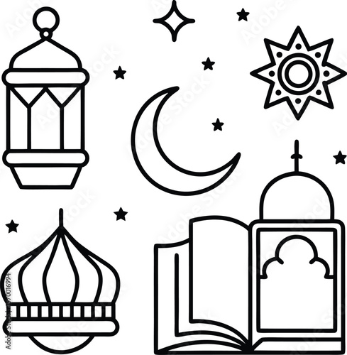 Islamic Doodle Vector Icons – Quran, Mosque, Crescent, Lantern & Allah Art