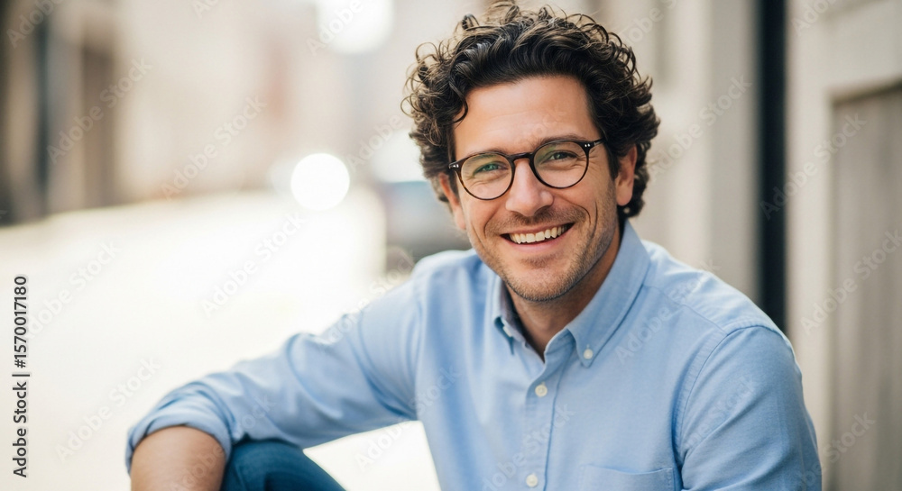 Naklejka premium Portrait of smiling man with curly hair wearing glasses and light blue shirt