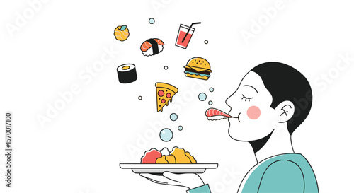 A man blowing delicious food items from a plate into the air imagining a meal