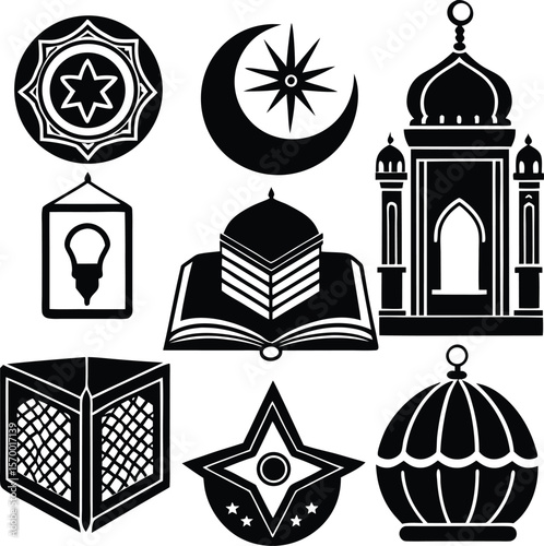 Islamic Doodle Vector Icons – Quran, Mosque, Crescent, Lantern & Allah Art