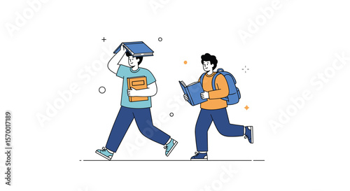 Two male students carrying books and backpacks walking together in a vibrant and energetic style illustration