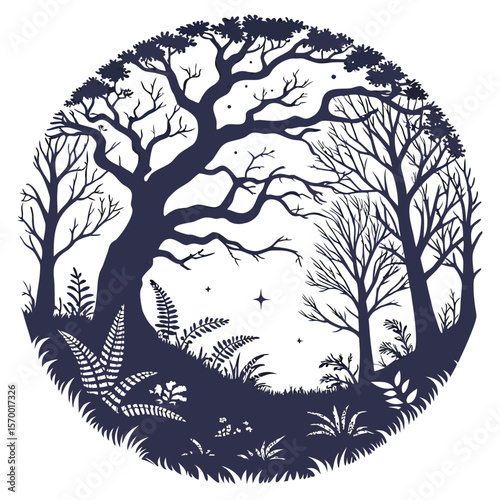 Silhouette Forest Scene with Trees Ferns and Stars in a Circle