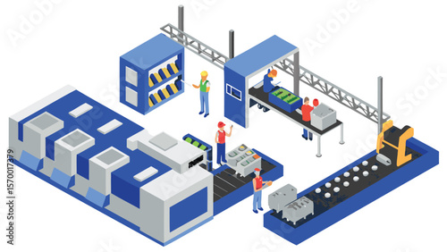 Isometric view of a factory with workers and conveyor belts processing materials and products