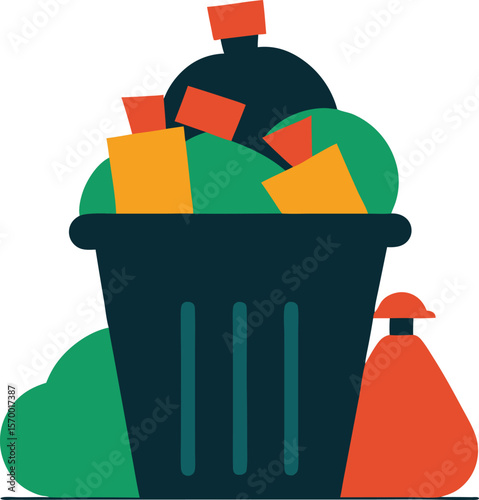 Overflowing bin: A full garbage bin, overflowing with waste, symbolizes the excess and over consumption of the throwaway society, a call to action to minimize waste.