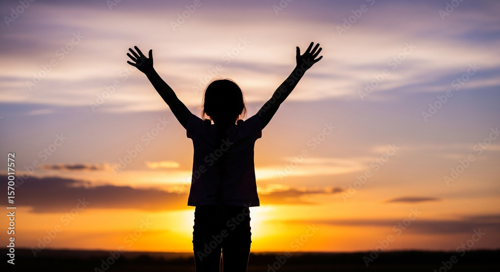 Fototapeta premium Silhouette of girl with arms raised at sunset enjoying freedom and happiness