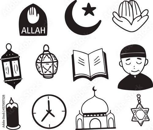 Islamic Doodle Vector Icons – Quran, Mosque, Crescent, Lantern & Allah Art