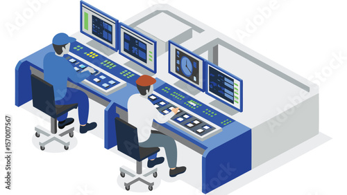 Two workers in a control room operating computers and monitoring screens with various data displays