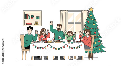 A happy family enjoys a festive christmas dinner together toasting with drinks celebrating the holiday season with joyful cheers