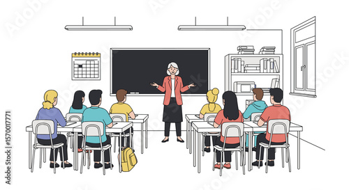 Engaged students actively participate in a lively classroom discussion guided by their enthusiastic teacher fostering a positive learning environment