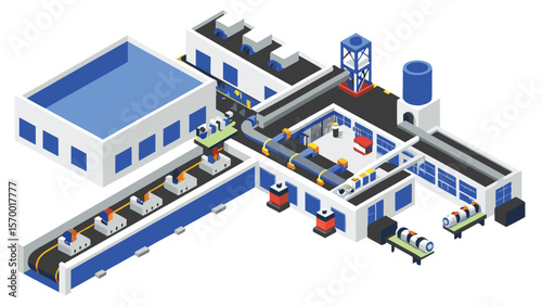 Isometric factory layout showing production line with conveyor belts and various buildings and machinery