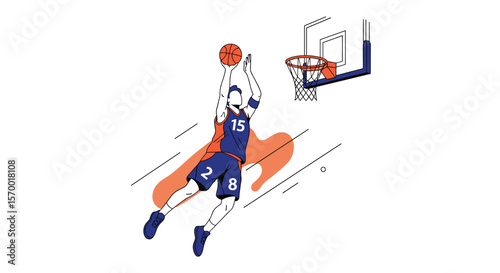 Athletic basketball player in mid air shooting the ball toward the hoop with motion lines and shadow effect for dynamic action