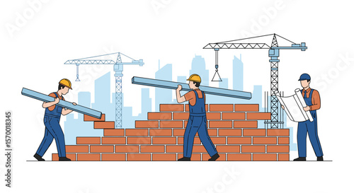 Construction workers building a brick wall with cranes and city skyline in the background teamwork and development concept