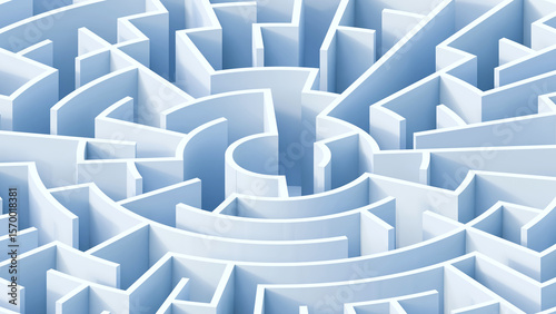 Fototapeta Naklejka Na Ścianę i Meble -  Business problems and solution concept. Circle labyrinth concept. Circle maze structure close up. Perspective view of an 3d rendered circle maze.
