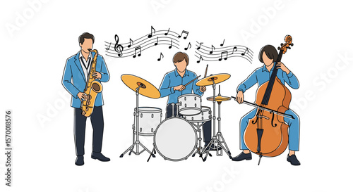 Three musicians playing jazz instruments together creating beautiful live music together