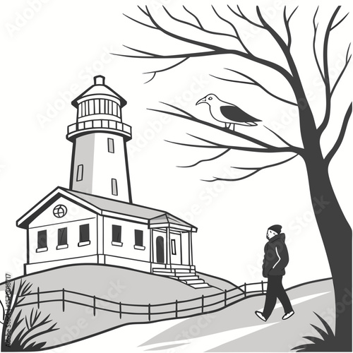 lighthouse on the beach shilhoutte on white background 