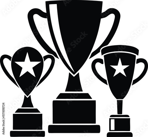 Trophies of Triumph: A trio of elegant trophies stands proudly, their silhouettes against a stark backdrop, representing victory, success, and the pursuit of excellence.