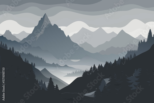 mountains in the snow shilhoutte on white background 