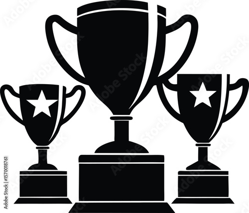 Three Award Trophies: Set of three silhouette trophies with stars, representing achievement, competition, and victory.  Perfect for celebrating success, awards ceremonies, or competitive events. 