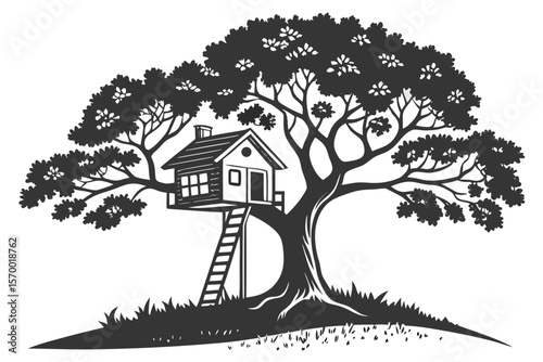 house on tree shilhoutte on white background 