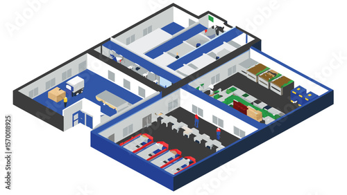 Isometric view of a warehouse interior with various zones and equipment visible in the layout