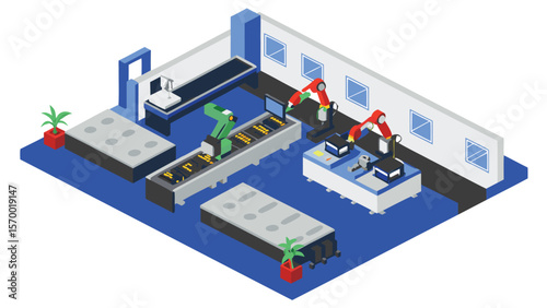 Isometric view of a factory floor with robotic arms and conveyor belts processing materials in blue room