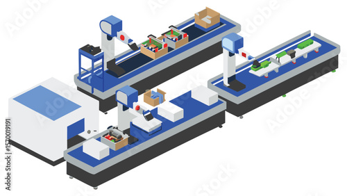 Isometric view of automated factory assembly line with robotic arms and conveyor belts processing items