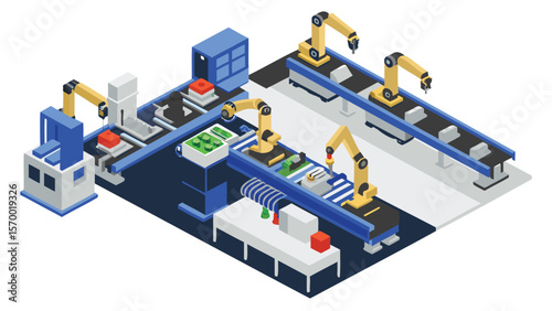 Isometric view of a factory assembly line with robotic arms and conveyor belts processing items