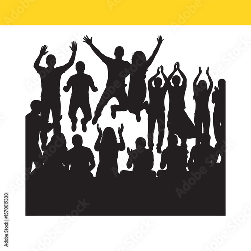 Celebrating Crowd Joyful Silhouettes of People Jumping and Cheering