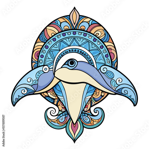 A captivating vector illustration blends a tribal tattoo design with an eagle, featuring aquatic elements like a happy dolphin and other marine animals for a unique underwater art piece