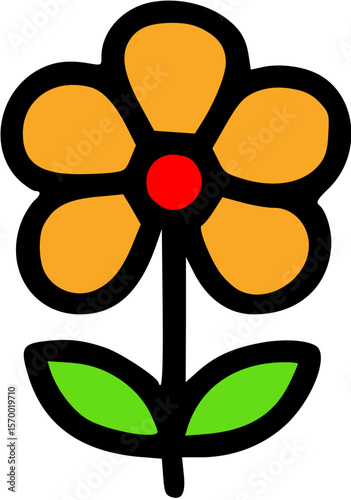 Simple Cartoon Flower with Orange Petals, Red Center, and Green Leaves