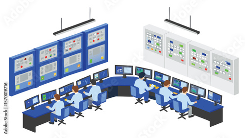 Isometric view of a control room with operators and large display panels showing system information