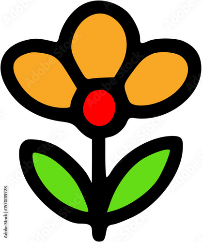 Simple Cartoon Flower with Orange Petals, Red Center, Green Stem and Leaves