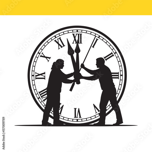 Confronting Time Two Figures Battle the Clock's Hands