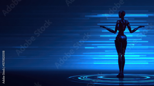 Futuristic AI Humanoid Robot on a Glowing Digital Platform in a Virtual Reality Metaverse - Advanced Technology Concept. Artificial intelligence, Copy space for text