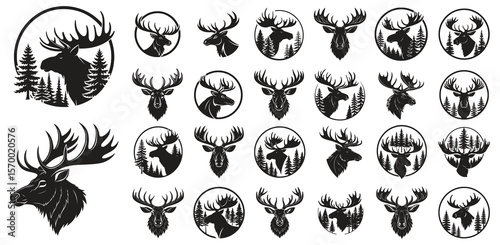Set of Moose and Elk Vector Emblems for Outdoor and Adventure Brands