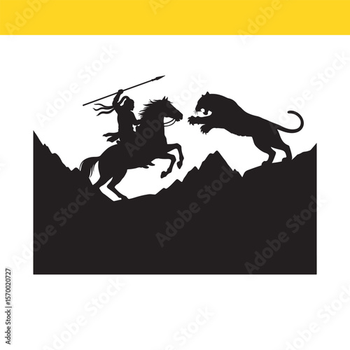Warrior on Horseback Confronting a Tiger A Silhouette Illustration