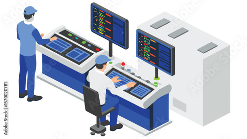 Isometric view of two operators working at control panels with monitors displaying data and information
