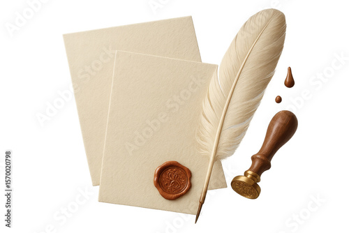 Vintage quill, wax seal, and parchment paper on transparent background