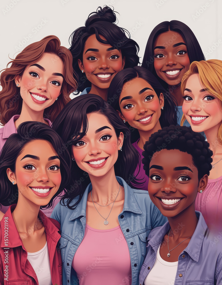 Obraz premium Mixed media collage featuring diverse women with vibrant smiles and textures