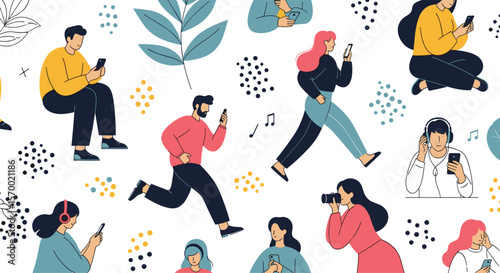 Diverse group of people actively engaged with their mobile devices in various everyday scenarios showcasing technology connection and modern lifestyles