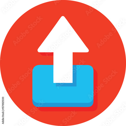 Upload Icon: A simple yet effective upload icon featuring a white arrow pointing upwards within a light-blue rectangle, set against a vibrant red circular background. The design is clean, modern.