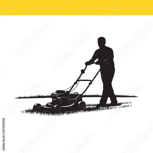 Lawn Care Man Mowing Grass with Push Lawn Mower -  Gardening Illustration