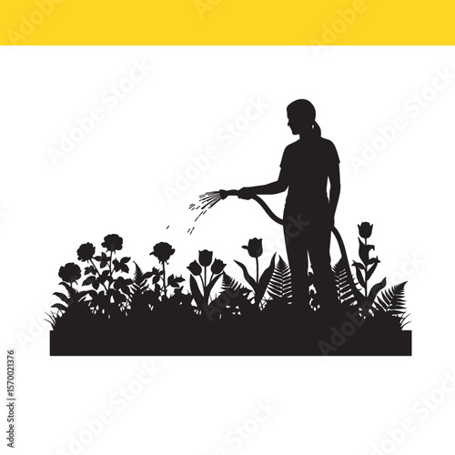 Silhouette of a Gardener Watering Vibrant Flowers Gardening Illustration
