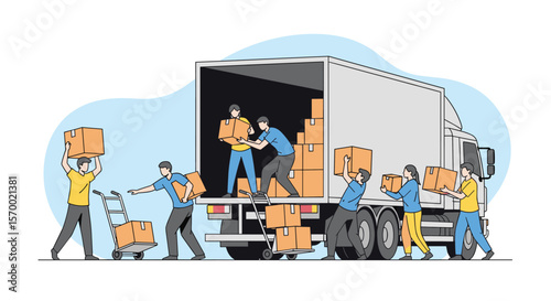 Professional movers carefully loading and unloading boxes into a large delivery truck for efficient relocation services